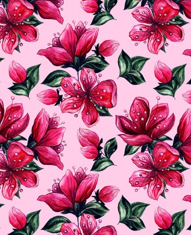 Tessuto in tela di cotone di alta qualità con fiori di ciliegio acquerellati su sfondo rosa, ideale per cucire e dare sfogo alla tua creatività. 100% cotone, venduto al metro.