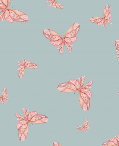 French Terry pink butterflies on blue background