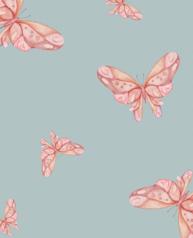 French Terry pink butterflies on light blue background