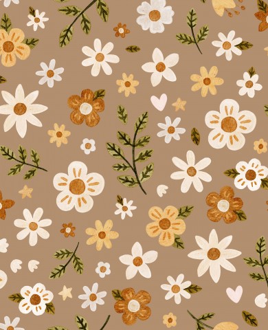 Muslinblomster og blade på brun baggrund