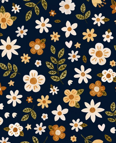 Muslin med blomstermønster på en mørkeblå baggrund