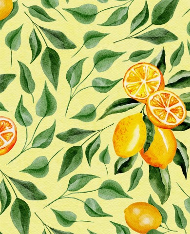 Patrón de acuarela de felpa francesa con limones y hojas verdes.