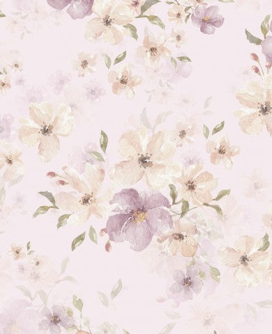 Muslin et blomstertapet med lyserøde og hvide blomster