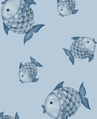 Wasserdichter Stoff ein blau-weißes Fischmuster auf blauem Hintergrund