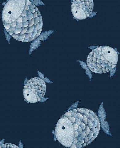 French Terry a blue and white fish pattern on a dark background