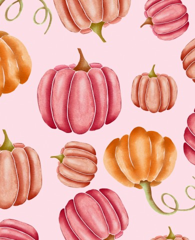 Rib Jersey watercolor pumpkins on pink background