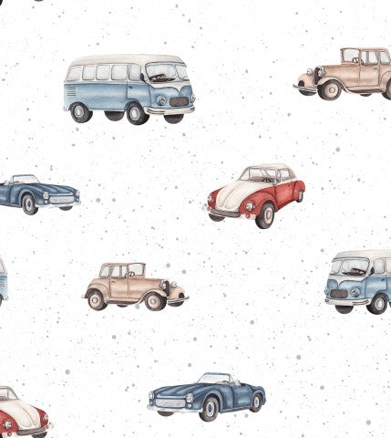 Rib Jersey a watercolor pattern of old cars and buses