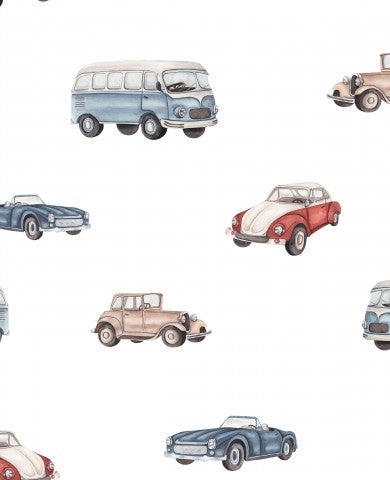 Waterdichte stof met een aquarelpatroon van vintage auto's en bussen