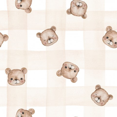 Rib Jersey a teddy bear pattern on a white checked background