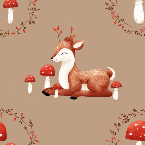Satin cotton cute deer and mushrooms