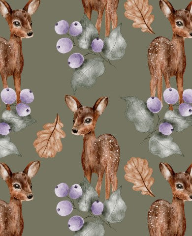 Entdecken Sie das perfekte Material für Ihre Outdoor-Projekte: Canvas Baumwolle Autumn Deer Dark Green. Naturfarben und -texturen im Herbststil, ideal zum nähe