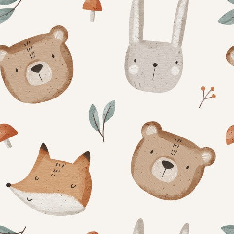 Raso di cotone con simpatici animali e funghi