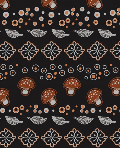 Waterproof fabric mushrooms and leaves on a black background