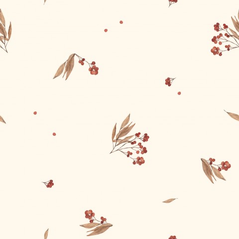 Raso di cotone con motivo di bacche e foglie rosse su sfondo bianco