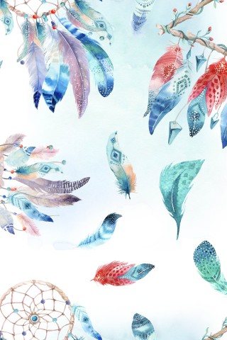 Satin cotton a watercolor pattern with feathers and plumes on it