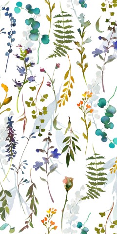 Muslinmønster af blomster og blade på en hvid baggrund