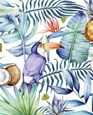 French Terry tropisches Aquarellmuster mit Tukan-, Kokosnuss- und Palmblättern