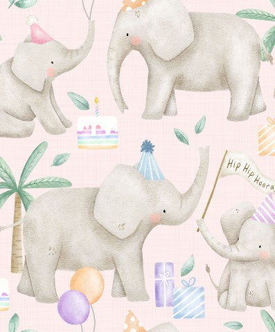 Muslin elephants with balloons and birthday cake on pink background