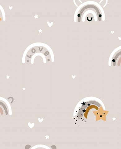 Tela di cotone beige arcobaleno per neonati: ideale per la tua prossima creazione per bambini! Tessuto di cotone con brillanti toni arcobaleno, perfetto per indumenti e