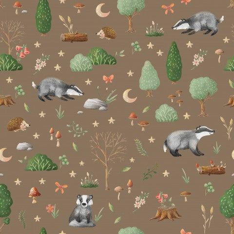 Satin cotton badgers, hedgehogs and mushrooms on brown background