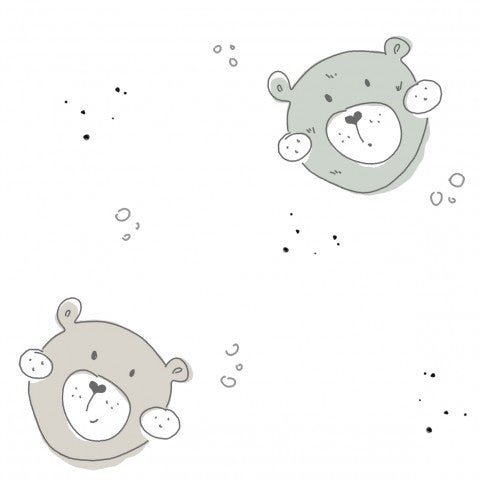 Muslin two teddy bears facing each other on a white background