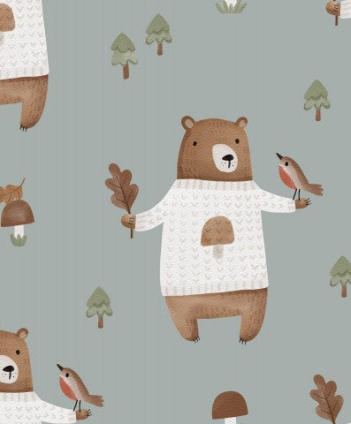 French Terry brown bears and birds