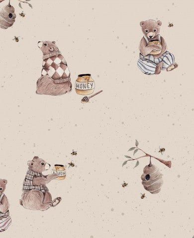 Honningbeige lærredsstof med bamseprint – naturligt og hyggeligt! Bomuldsstof i metermål til syning, ideelt til tøj og accessories med et unikt bindebånd