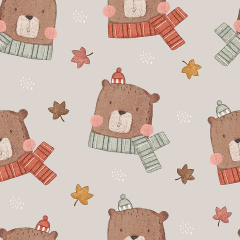 French Terry cute bears and autumn leaves