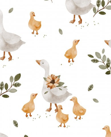 Satin cotton watercolor ducks and flowers