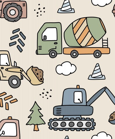 French Terry construction vehicles and trees