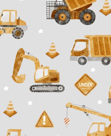 Muslin pattern of construction vehicles on a gray background
