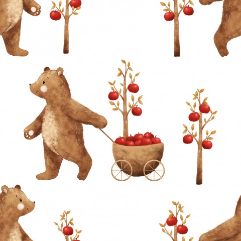 Waterproof fabric watercolor pattern with brown bears and apples