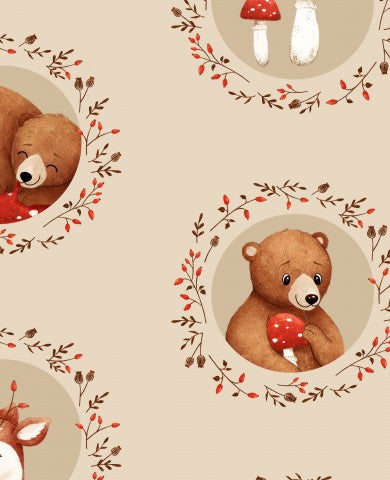 Tissu imperméable avec de jolis ours en peluche et des champignons