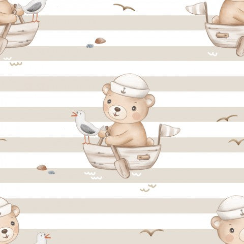 Canvas Baumwolle Bear On Boat EcruStripes 11x11cm - Naturfarben-Design für deine nächste Projektion! Baumwoll-Schnittstoffspezialität mit freundlichem Erwachse