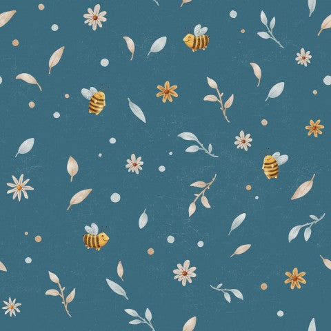 Satin cotton bees and flowers on blue background