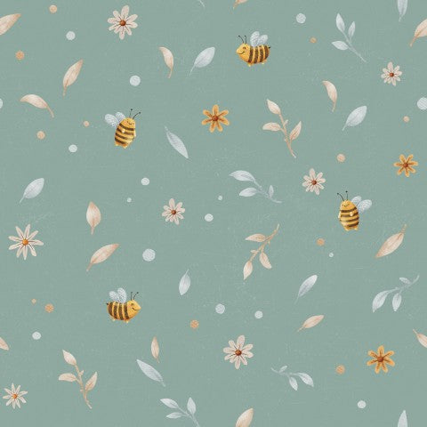 French Terry Bienen und Blumen auf grünem Hintergrund