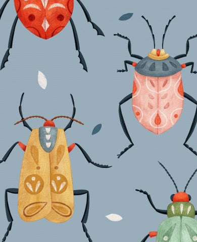 Raso di cotone quattro diversi tipi di coleotteri su sfondo blu