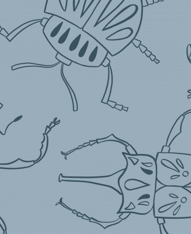 Tessuto impermeabile con una serie di coleotteri disegnati a mano su uno sfondo blu