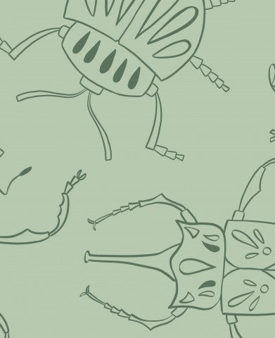 Muslin en illustration af biller på en grøn baggrund