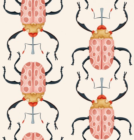 Elegante tessuto in tela di cotone color crema e rosa scarabeo, ideale per il tuo prossimo progetto di cucito. Aspetto e consistenza naturali, 100% cotone.