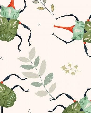 Satin cotton green beetles and leaves