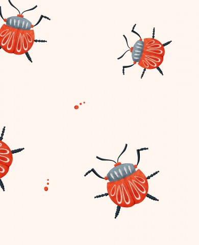 Satin cotton an illustration of red beetles on a beige background