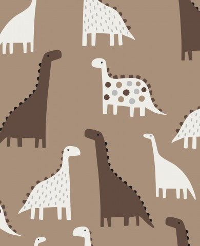 Satin cotton a brown and white pattern with dinosaurs on it