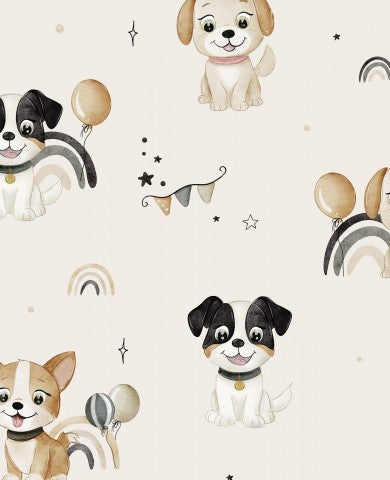 Tessuto impermeabile con simpatici cani e palloncini