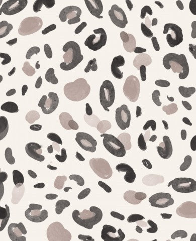Satin bomuldstapet med leopardprint og sorte og hvide prikker