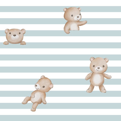 Satin cotton a group of teddy bears on a blue and white striped background