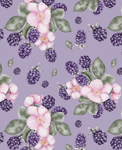 French Terry a purple and pink floral pattern with blackberries