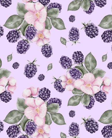 French Terry Brombeeren und Blumen auf violettem Hintergrund