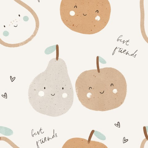 Muslin apples and pears on a white background