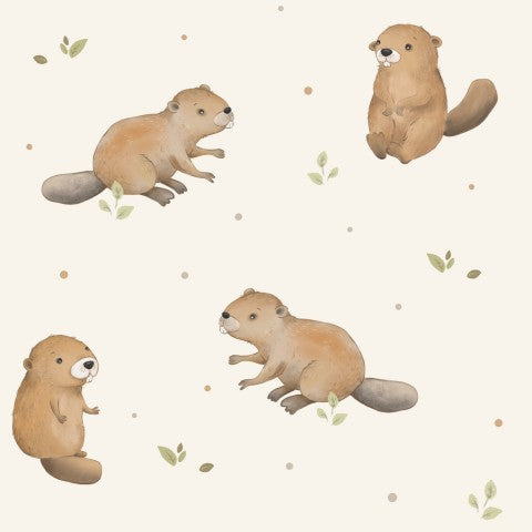 Illustrazione ad acquerello di castori su sfondo beige in raso di cotone